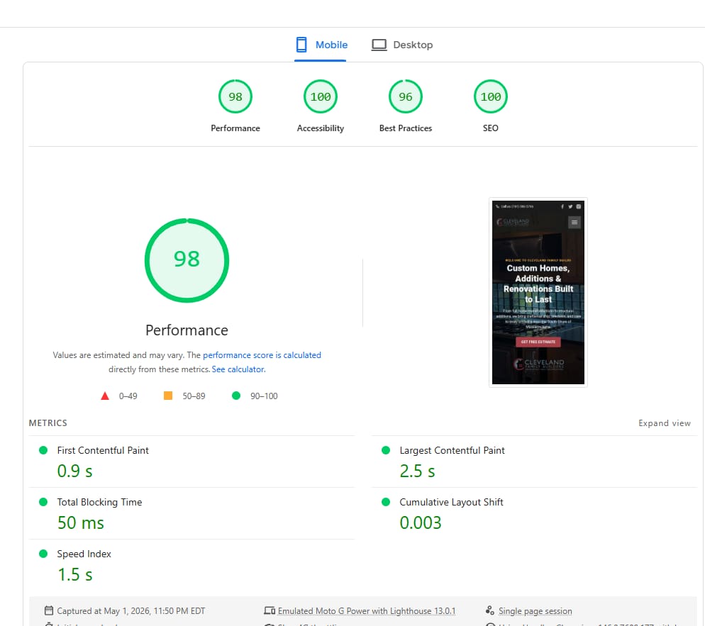 Google Lighthouse performance score showing 95+ for Cleveland Family Builders website