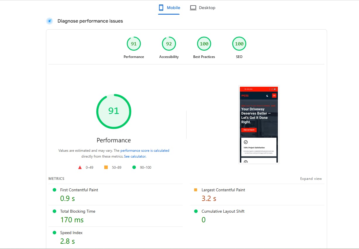Google Lighthouse performance score showing 95+ for Pete's Paving website
